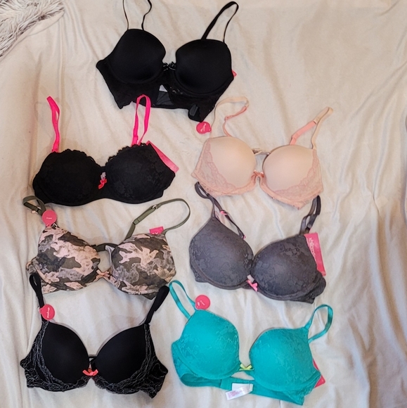 New 7 Piece 34B Bra Bundle Push Up Etc Black Lace Turquoise Camo Hot Pink Nude - Picture 3 of 12